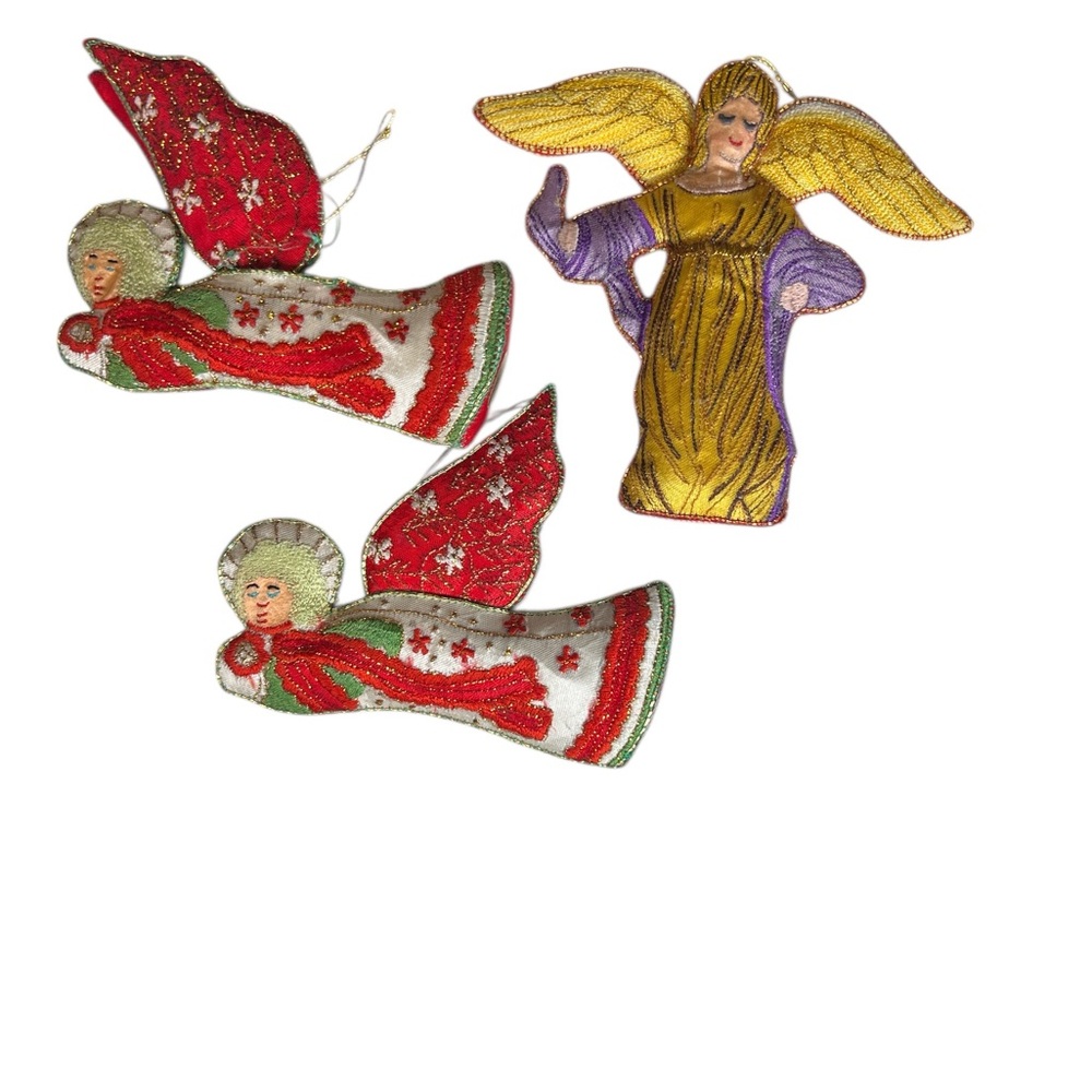 Vintage Embroidered Angel Ornaments-Set of 3- Red/White & Purple/Yellow(gold)